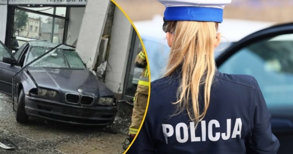 auto wjechało w salon samochodowy w Łodzi